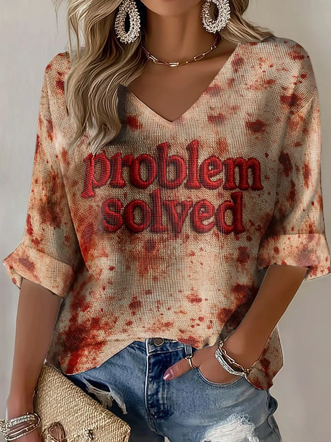 Women's Casual Retro Bloodstained Waffle Long-Sleeved T-Shirt  dcc5