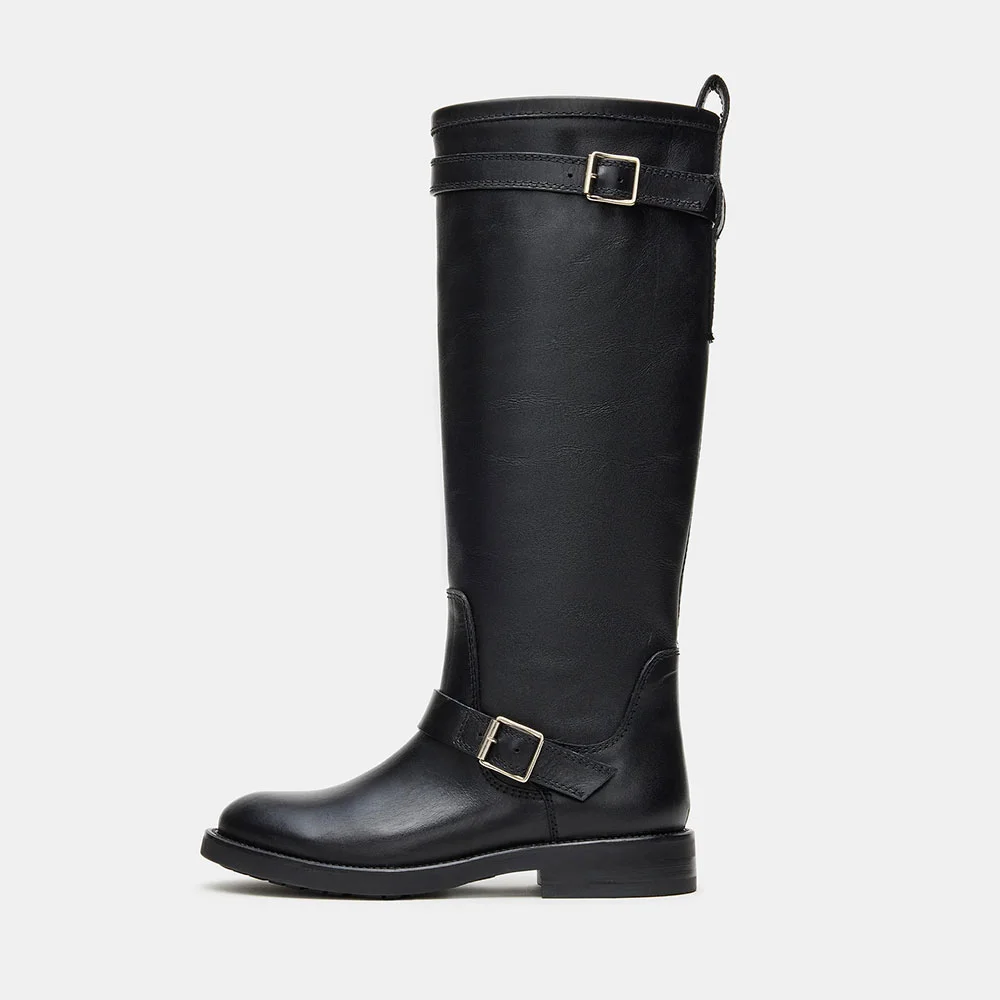 Black Round Toe Chunky Heel Buckle Knee High Boots for Women