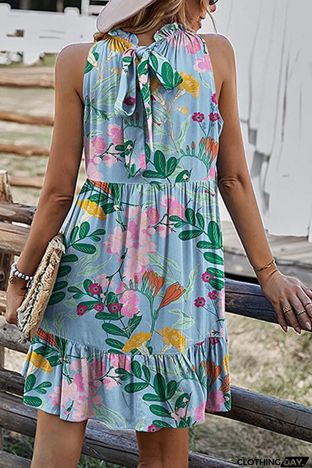 Sky Blue Floral Print Ruffled Lace-up Mock Neck Mini Dress