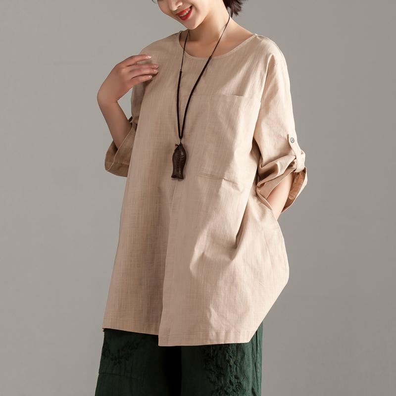 Elegant pure cotton tops oversize Casual Short Sleeve Khaki Pocket Long Tops