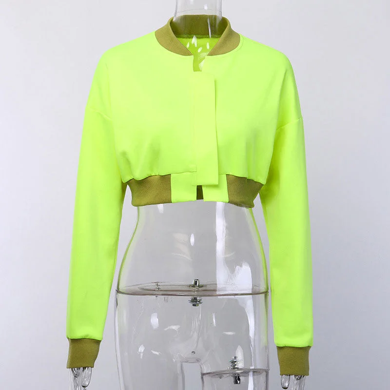 Gentillove Women Neon Green Jackets Long Sleeve O Neck Short Jackets Casual Autumn Coats 2019 Fashion Streetwear Slim Outwear