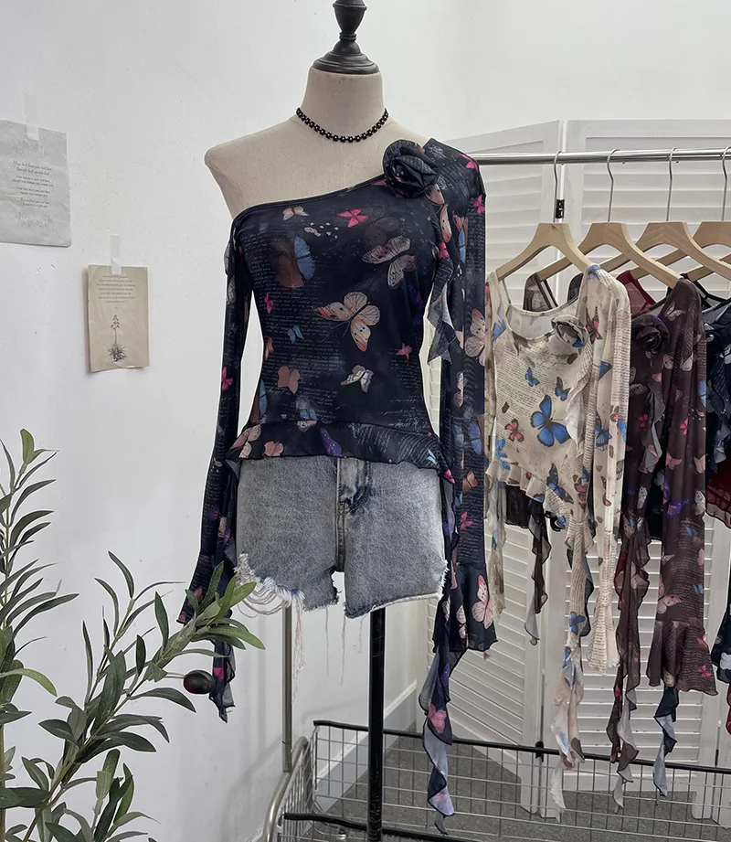 Uveng Tie Dyed Elastic Mesh Oblique Shoulder Irregular Horn Long-Sleeved T-Shirt Flower Short Floated Female 9932