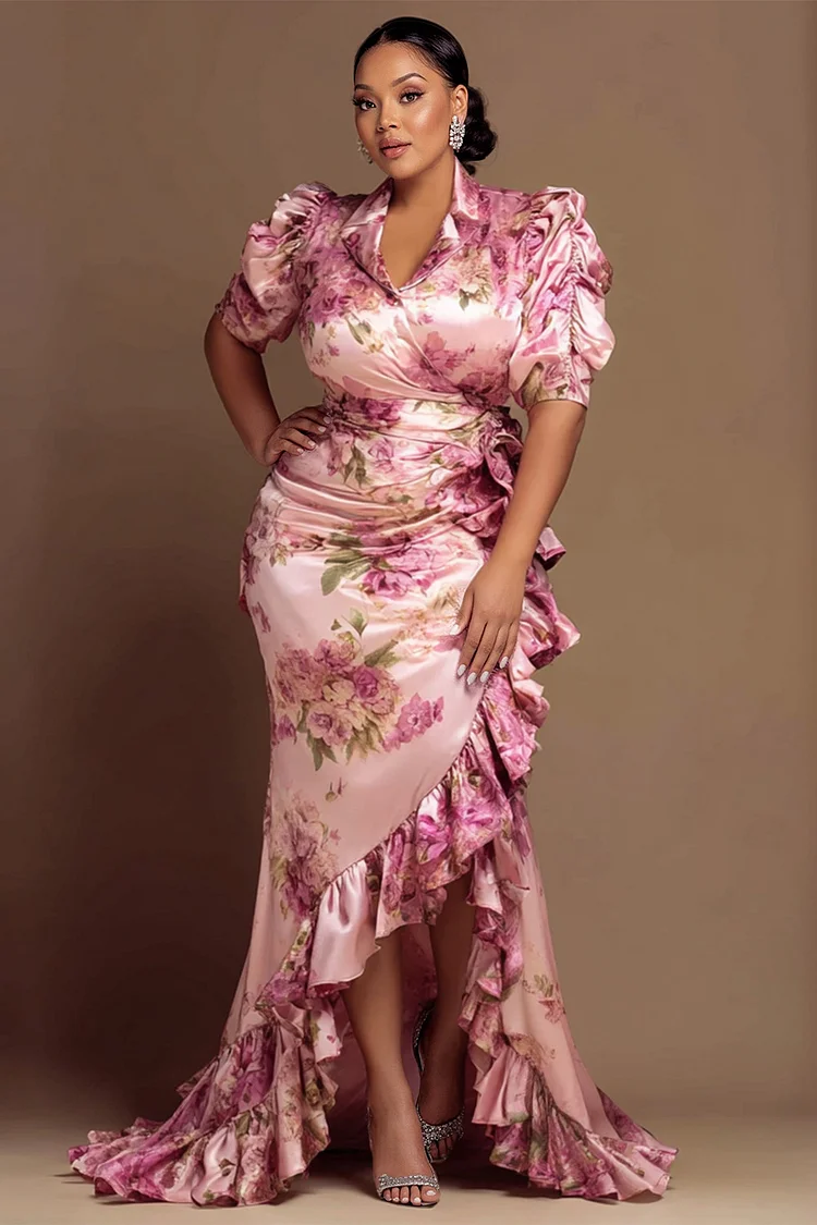Xpluswear Design Plus Size Formal Pink Floral Turndown Collar Short Sleeve Split Ruffle Satin Maxi Dresses [Pre-Order] 2024 - Xpluswear
