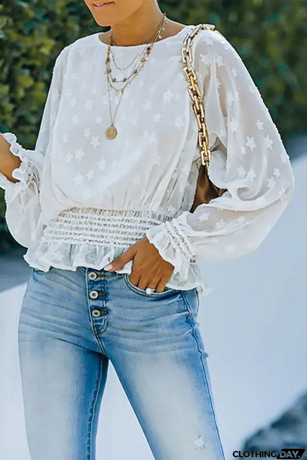 Star Pattern Lantern Sleeve Peplum Top