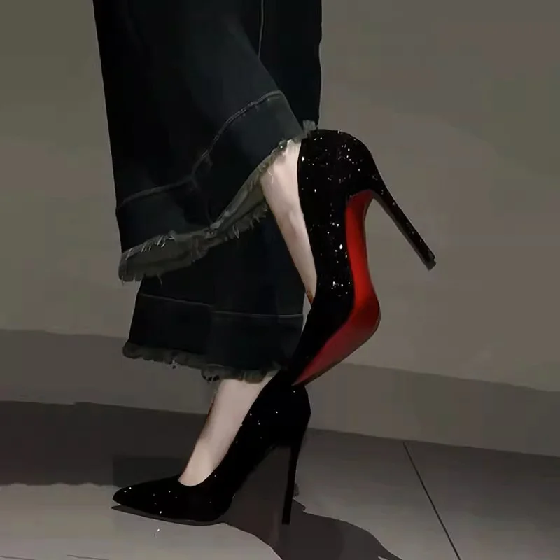 Breakj Breakj Red-Soled High Heels Women's Fine Heel 2025 Autumn/Winter Autumn And Winter New Sequin Crystal Wedding Shoes At The Tip Of Professional Sexy Single Shoes
