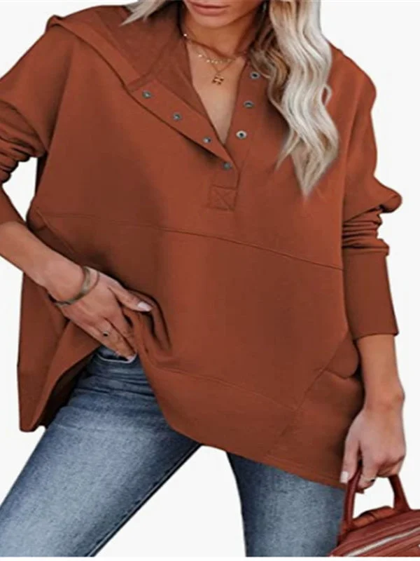 Women's Solid Color Buttons Long Sleeve V-neck Hooded Tops