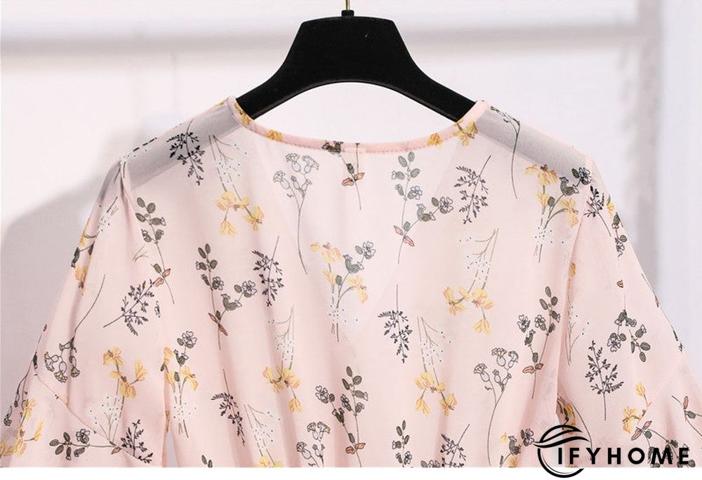 Spring Summer Chiffon Women V-Neck Floral Print Short Dresses Sweet Ruffle Sleeeve Slim Drawstring Ladies Dress | IFYHOME