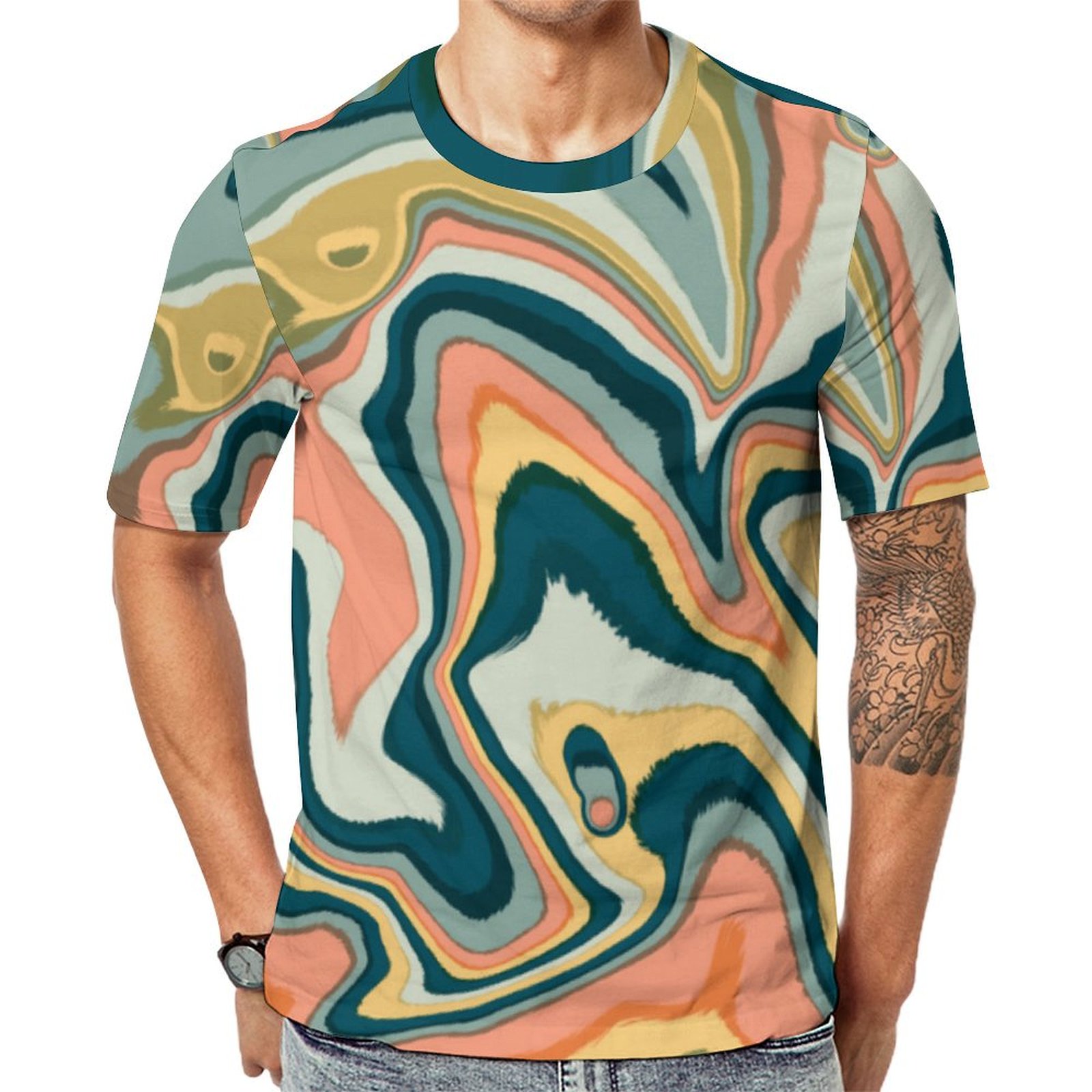 Funky Bold Colorful Artsy Marble Swirl Ebru Short Sleeve Print Unisex Tshirt Summer Casual Tees for Men and Women Coolcoshirts