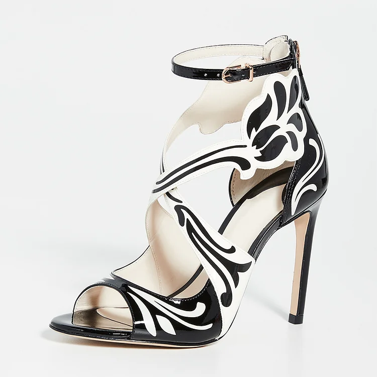 Black and White Patent Leather Floral Ankle Strap Heels Sandals |FSJ Shoes