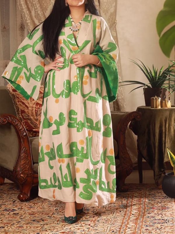 Batwing sleeve green pattern printed maxi dress
