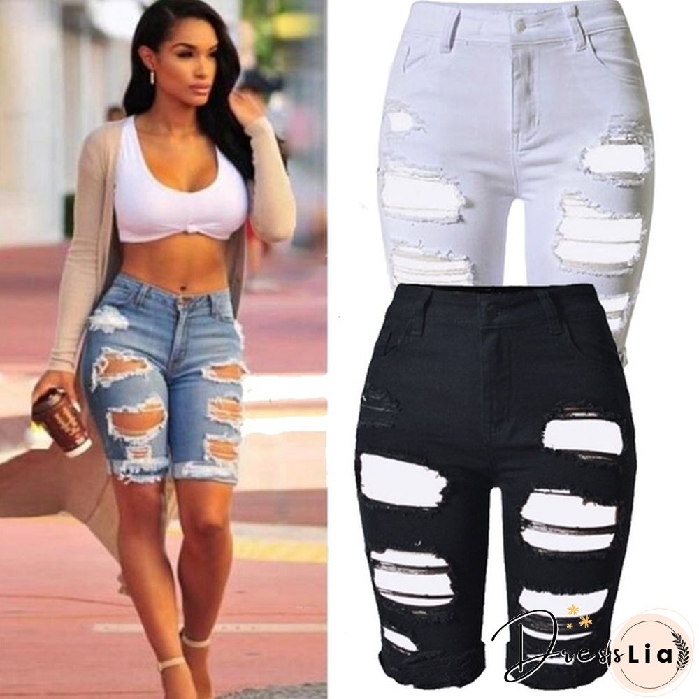 Women Casual Street Style Half Blue Denim Shorts Stretch Pants Slim Boyfriend Ripped Hole Jeans