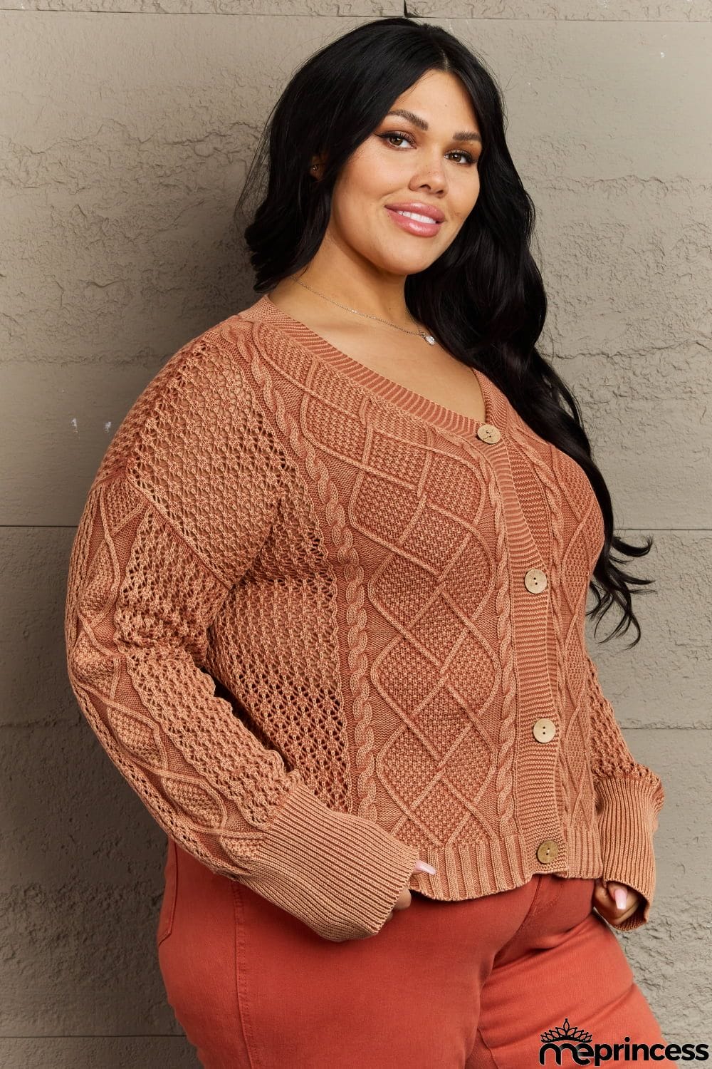 HEYSON Soft Focus Full Size Wash Cable Knit Cardigan