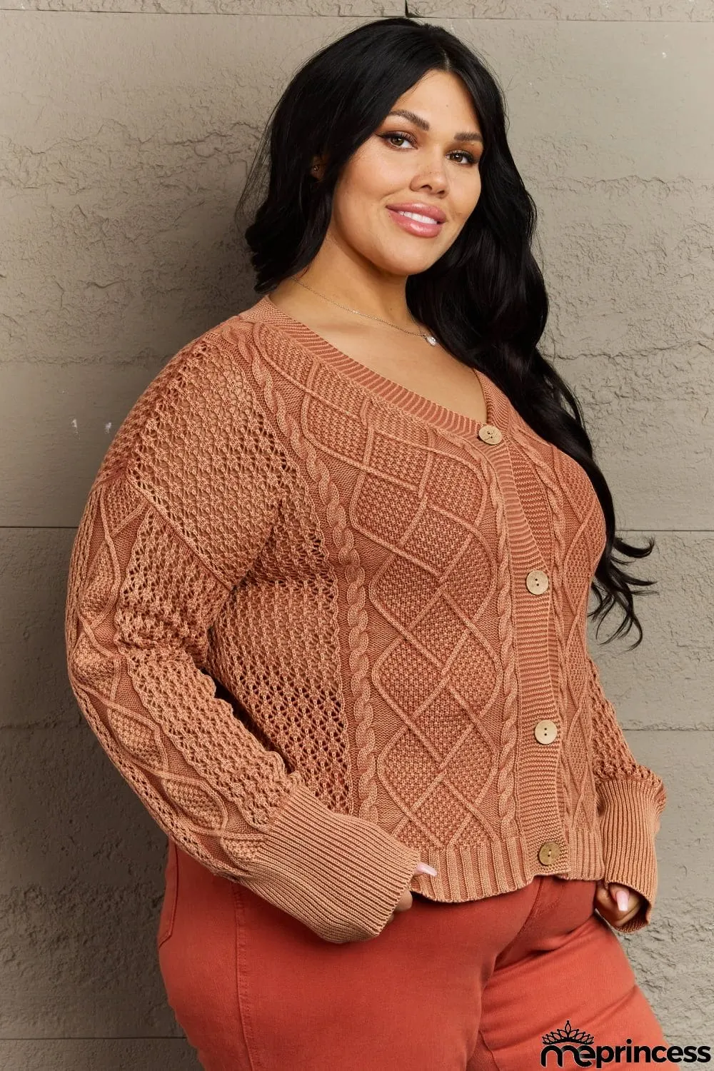 HEYSON Soft Focus Full Size Wash Cable Knit Cardigan