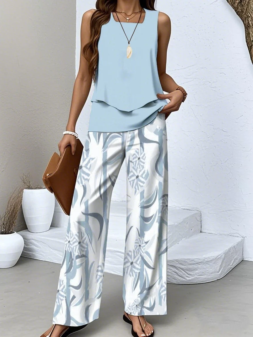 Women's Sleeveless Square Collar Floral Printed Casual Set