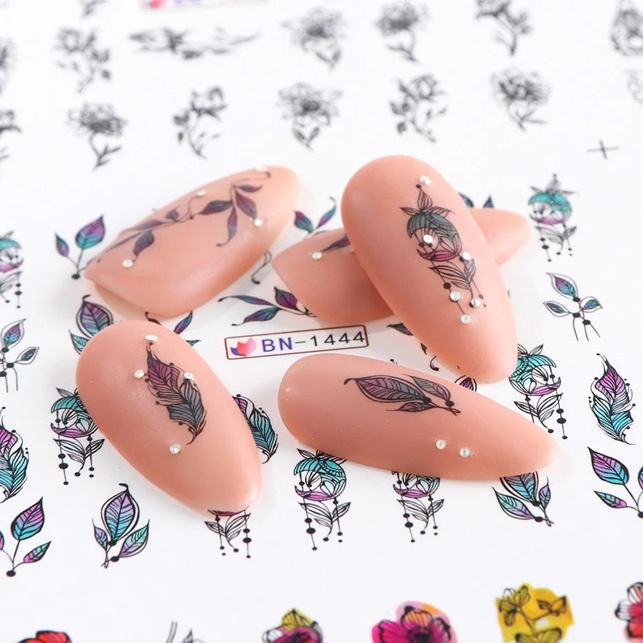 Nail Stickers Water Transfer Ink Painting Artificial Flower Designs 12Pcs/Set Nail Decal Decoration Tips For Beauty Salons-Nail Inspo