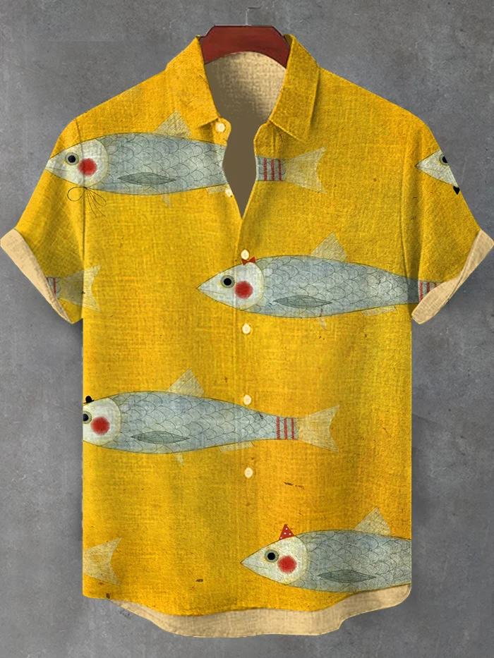 Men's Retro Ocean Fish Swimming Art Print Casual Shirt