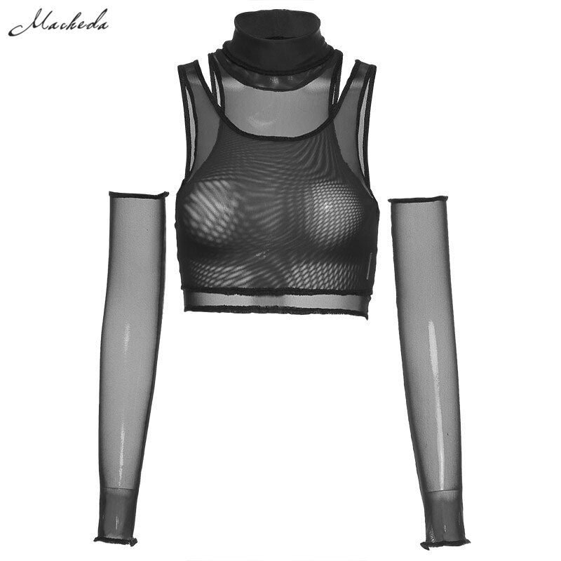 Macheda Y2K Sexy Mesh See Through Crop Top Women Fashion Removable Streetwear Casual Lady Outfits 2022 New