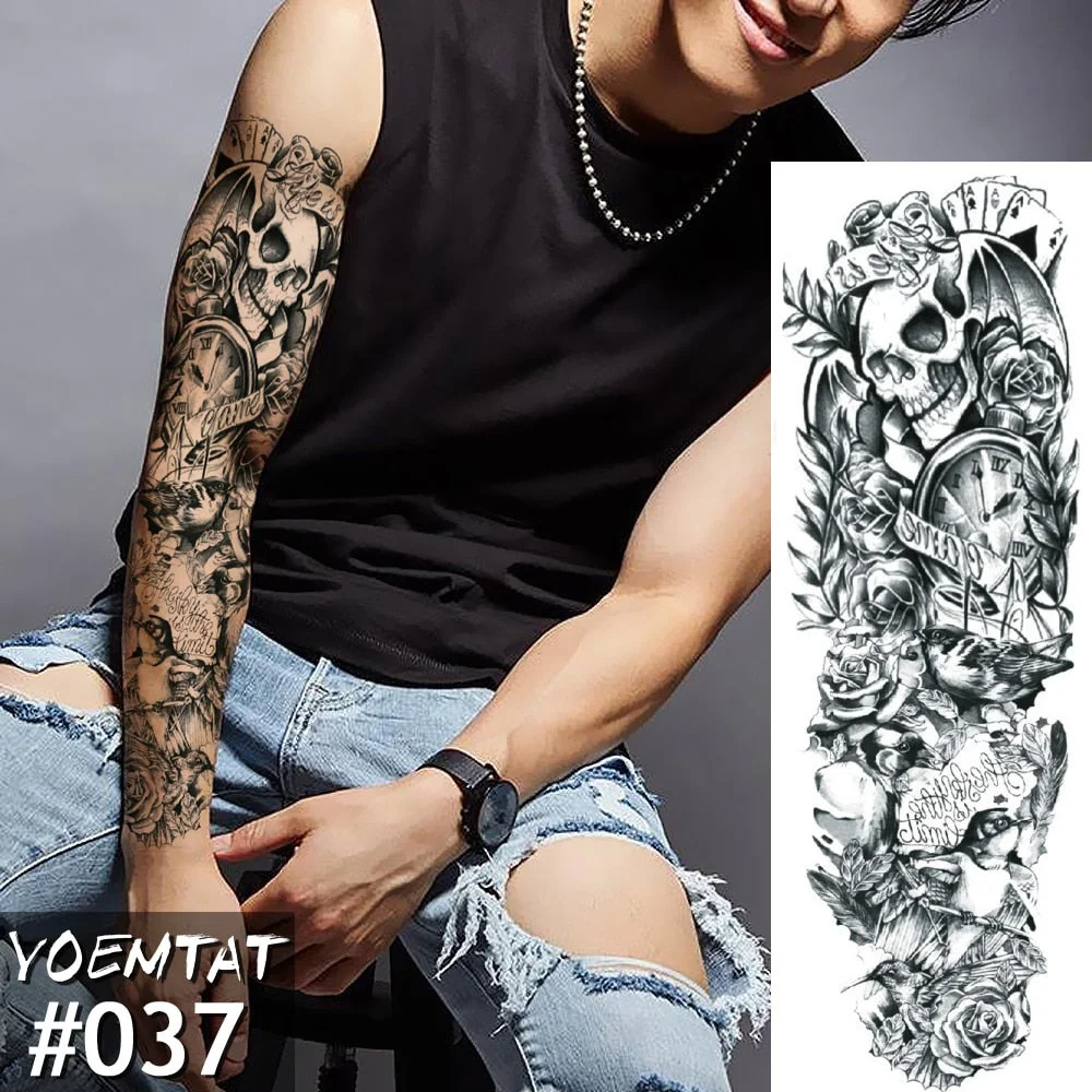 Large Arm Sleeve Tattoo Sketch Lion Tiger Waterproof Temporary Tatoo Sticker Wild Fierce Animal Men Full Bird Totem Tatto