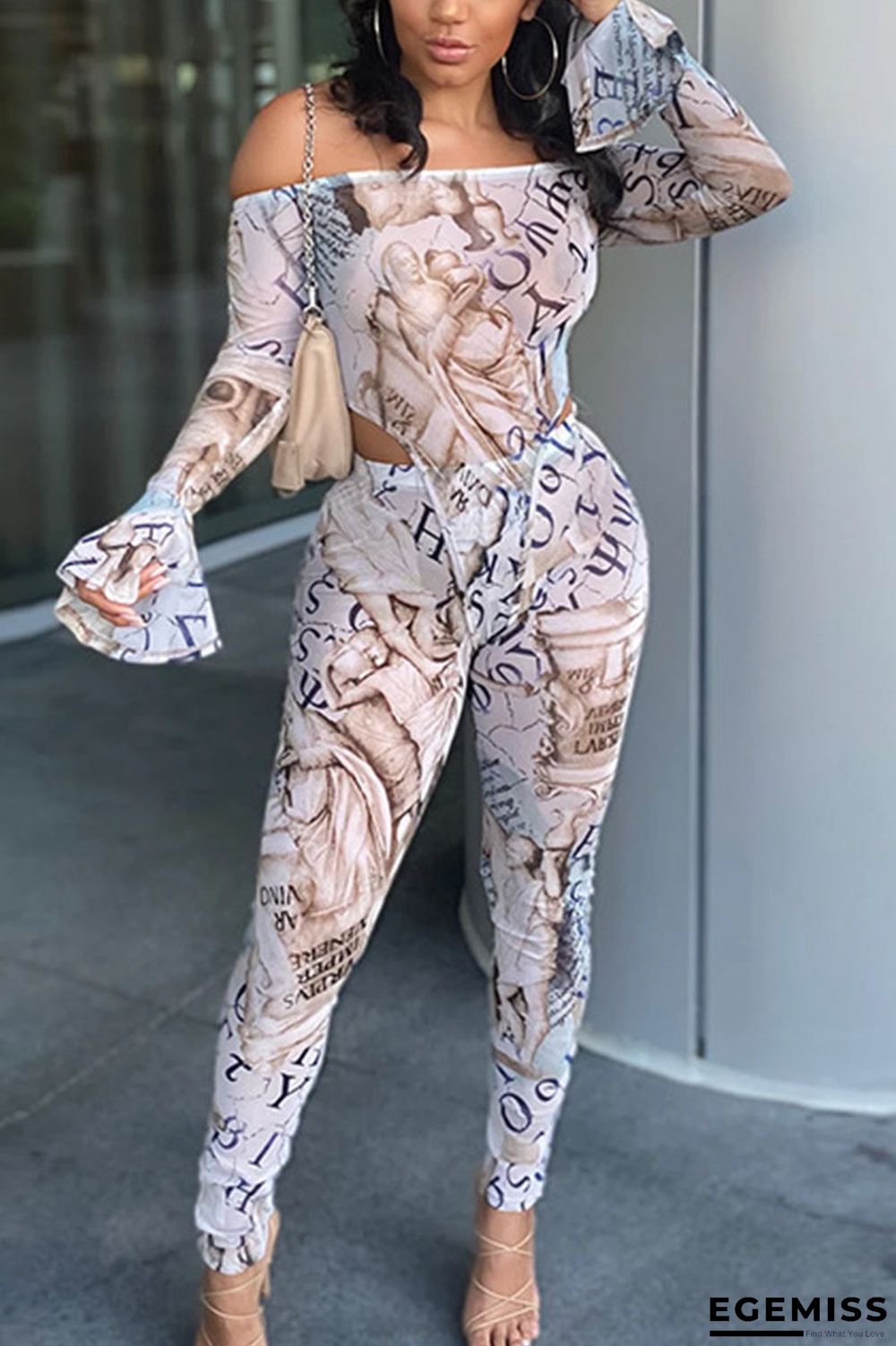 White Sexy Print Hollowed Out Bateau Neck Long Sleeve Two Pieces | EGEMISS