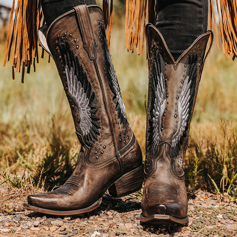 Studs Wings Embroidered Chunky Heel Wide Calf Cowgirl Boots in Brown Nicepairs