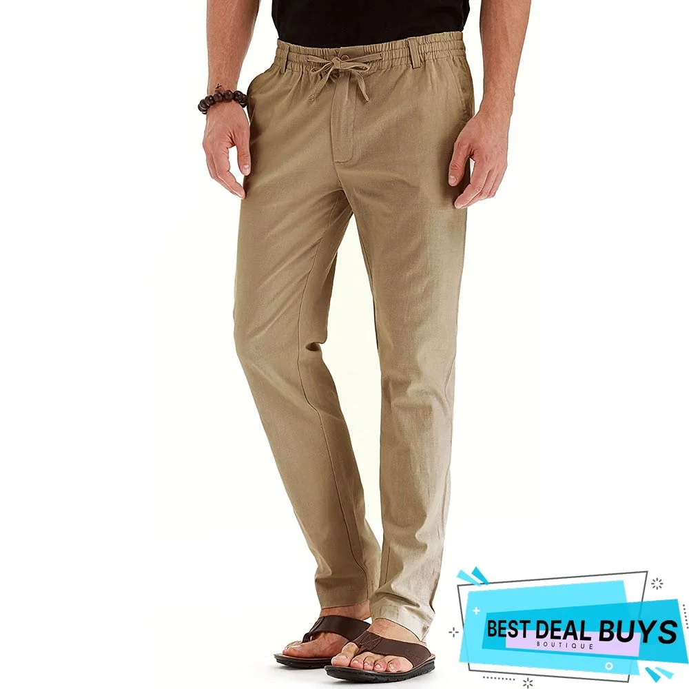 Plain Cotton And Linen Casual Drawstring Pants