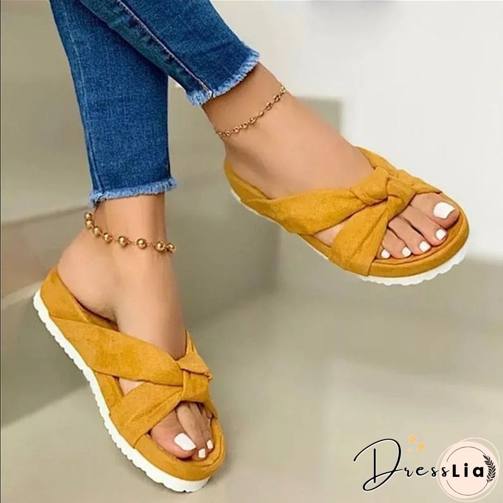 Women Casual Slip on Sandals Beach Shoes with Suede Bow Female Open Toe Platform Slippers Daily Comfortable Flip Flops
