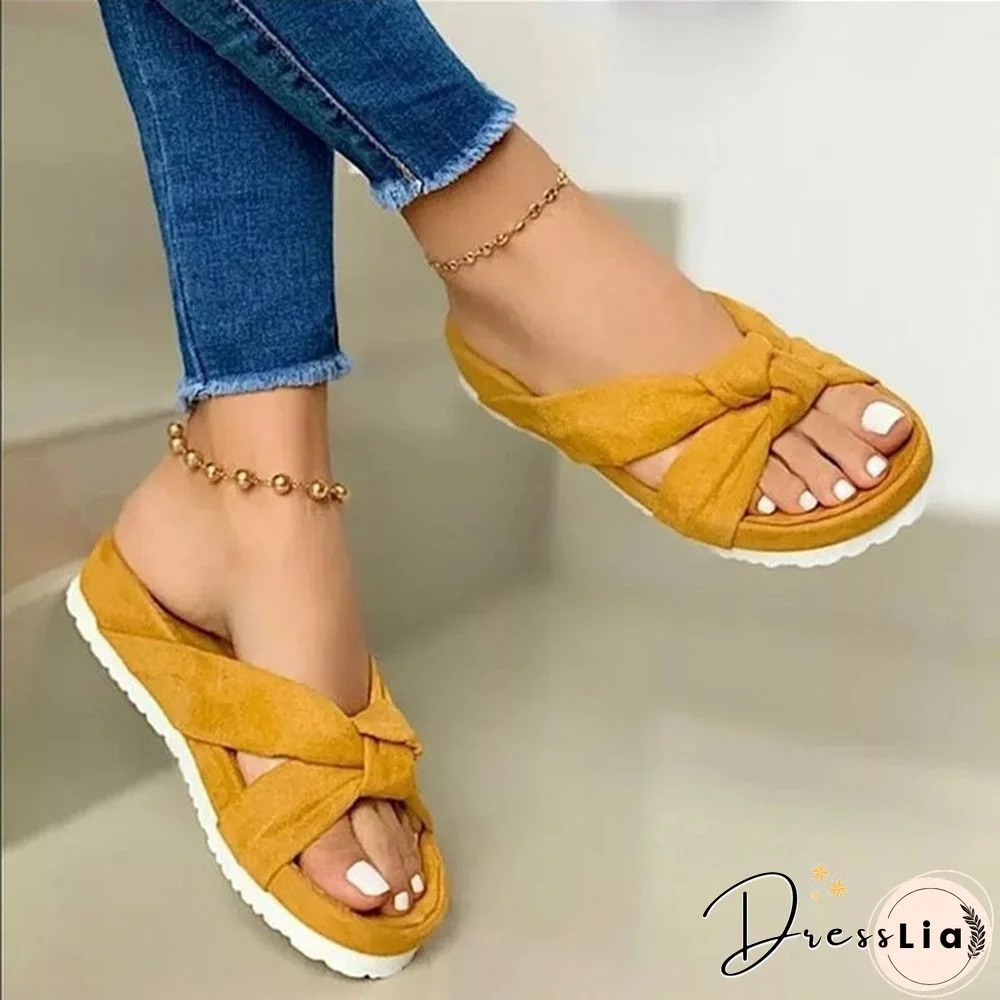 Women Casual Slip on Sandals Beach Shoes with Suede Bow Female Open Toe Platform Slippers Daily Comfortable Flip Flops