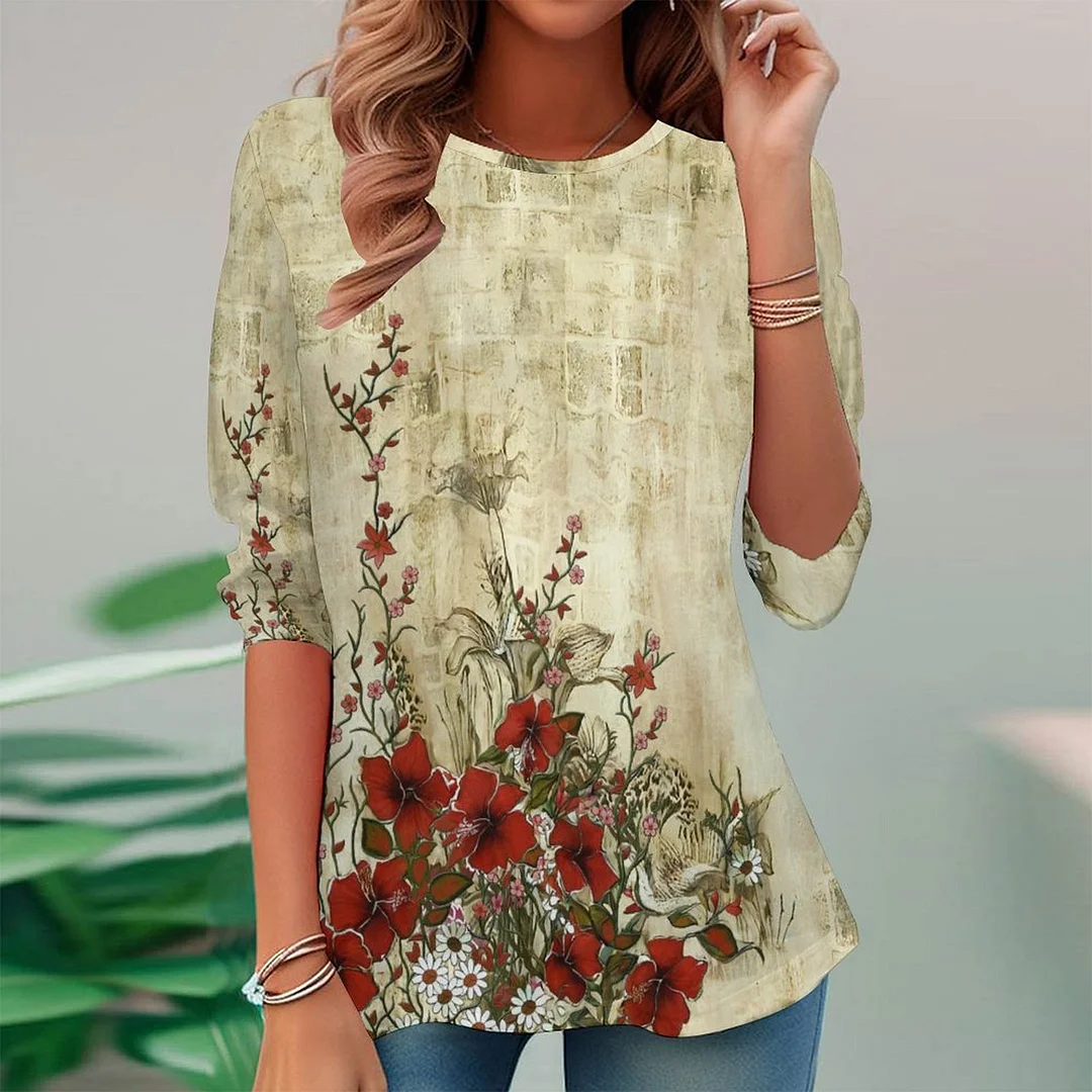 Vintage Printed Long Sleeve Plus Size Tunic for  Women and Men Unisex Pattern Floral,Red,Beige,Gray