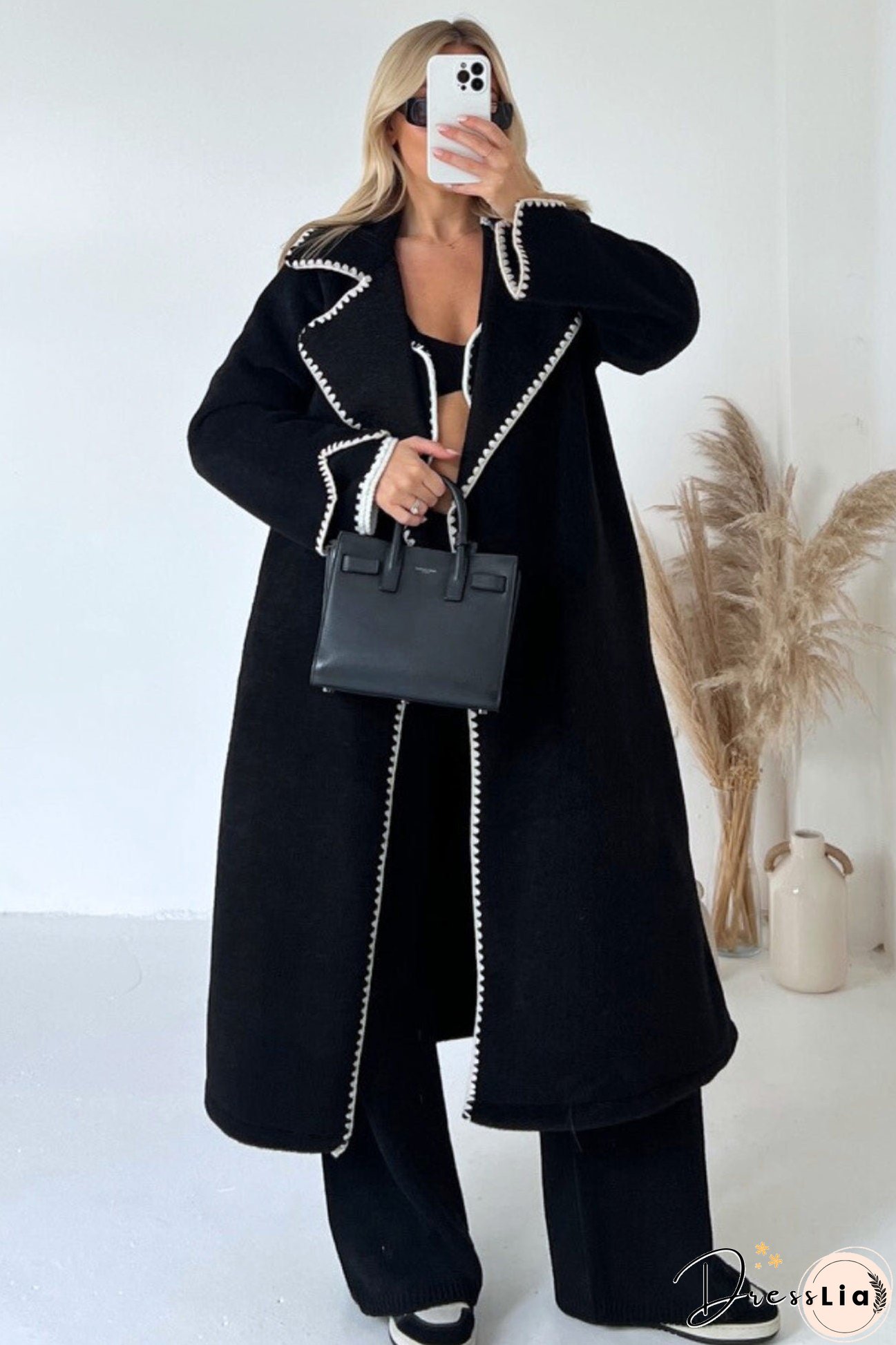 Lapel Lacework Open Front Long Coat