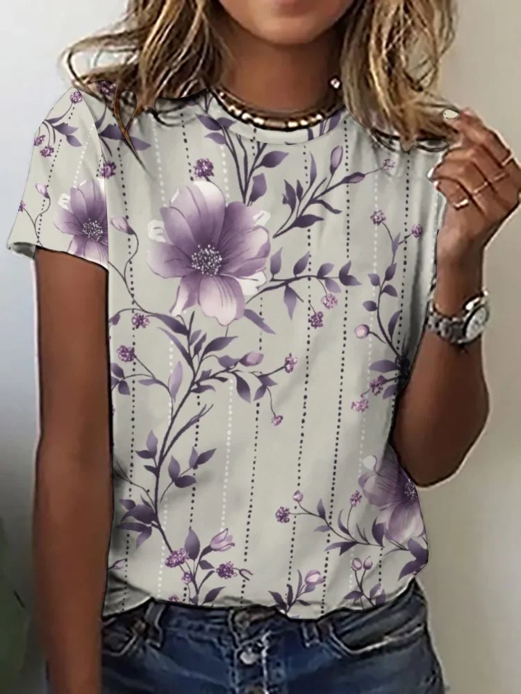 Style & Comfort for Mature Women Printed Short Sleeve Casual T-shirt for  Women and Men Unisex Pattern Floral, Purple, Polka Dot