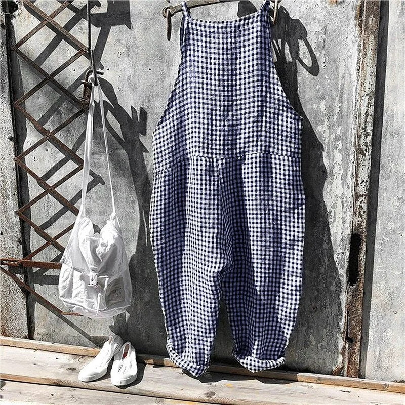 Women Casual Stripes Pocket Jumpsuit Summer Sleeveless Loose Bib Overalls Dungarees Wide Leg Jumpsuit Long Rompers Plus Size 5XL