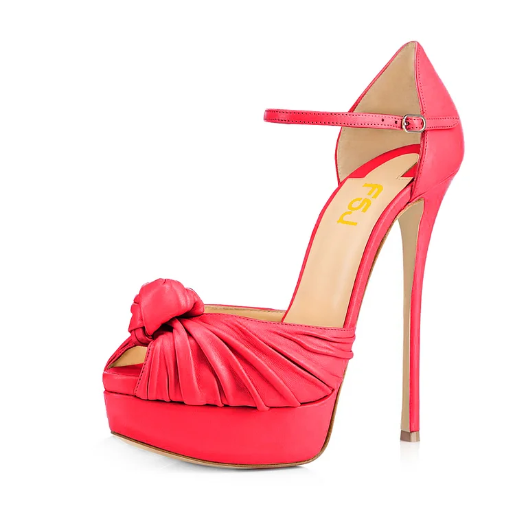 Women's Red Tie Peep Toe Stiletto Heels Platform Sandals |FSJ Shoes