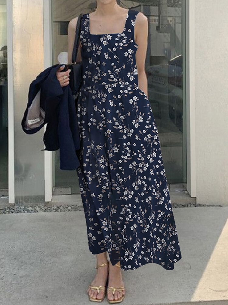 Floral Print Ruched Sleeveless Square Collar Maxi Dress