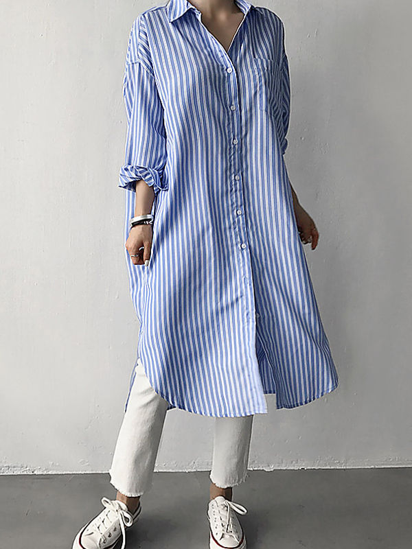 Simple Striped Loose Long Shirt Skirt