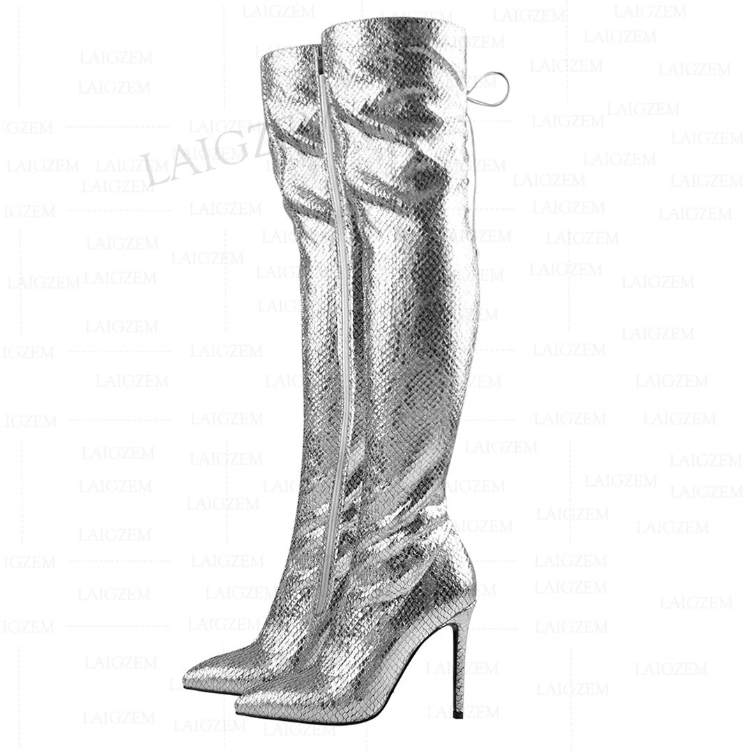 VCSHOES Women Over Knee High Boots Silver Snake Pointed Toe Full Zipper Stiletto High Heels Shoes Woman Plus Size 38 40 42 46