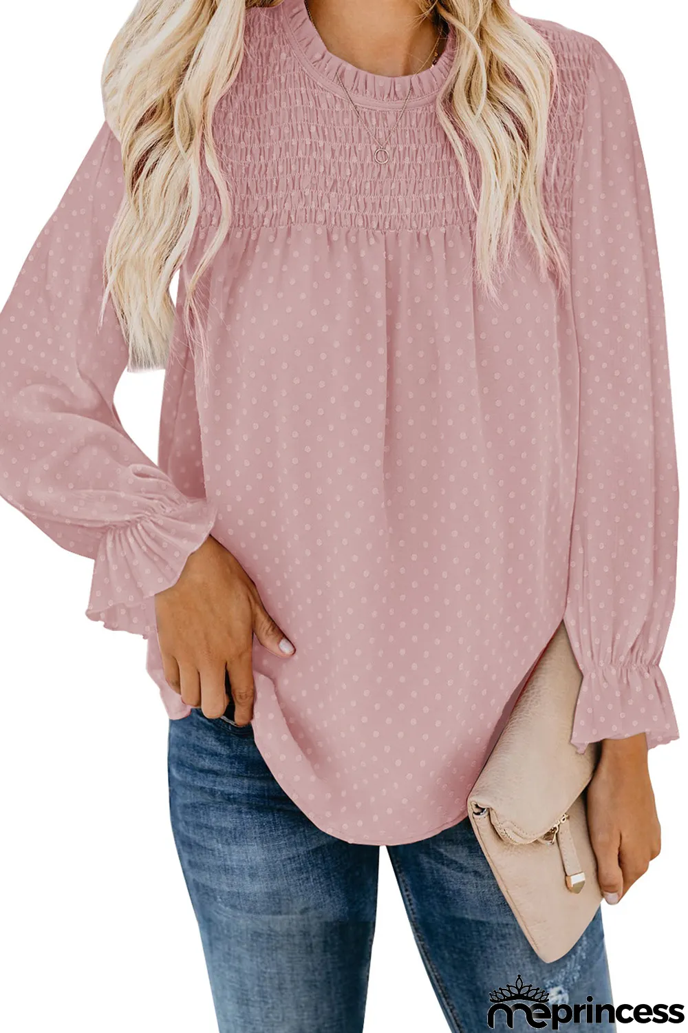 Pink Swiss Dot Smocked Long Sleeve Top