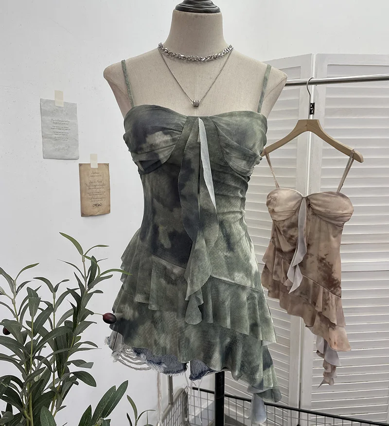 Uveng Real Shooting 2025 Spring And Summer New With Chest Cushions Dyed Mesh Sling Sling Vest Irregular Lotus Leaf Side Top 1139