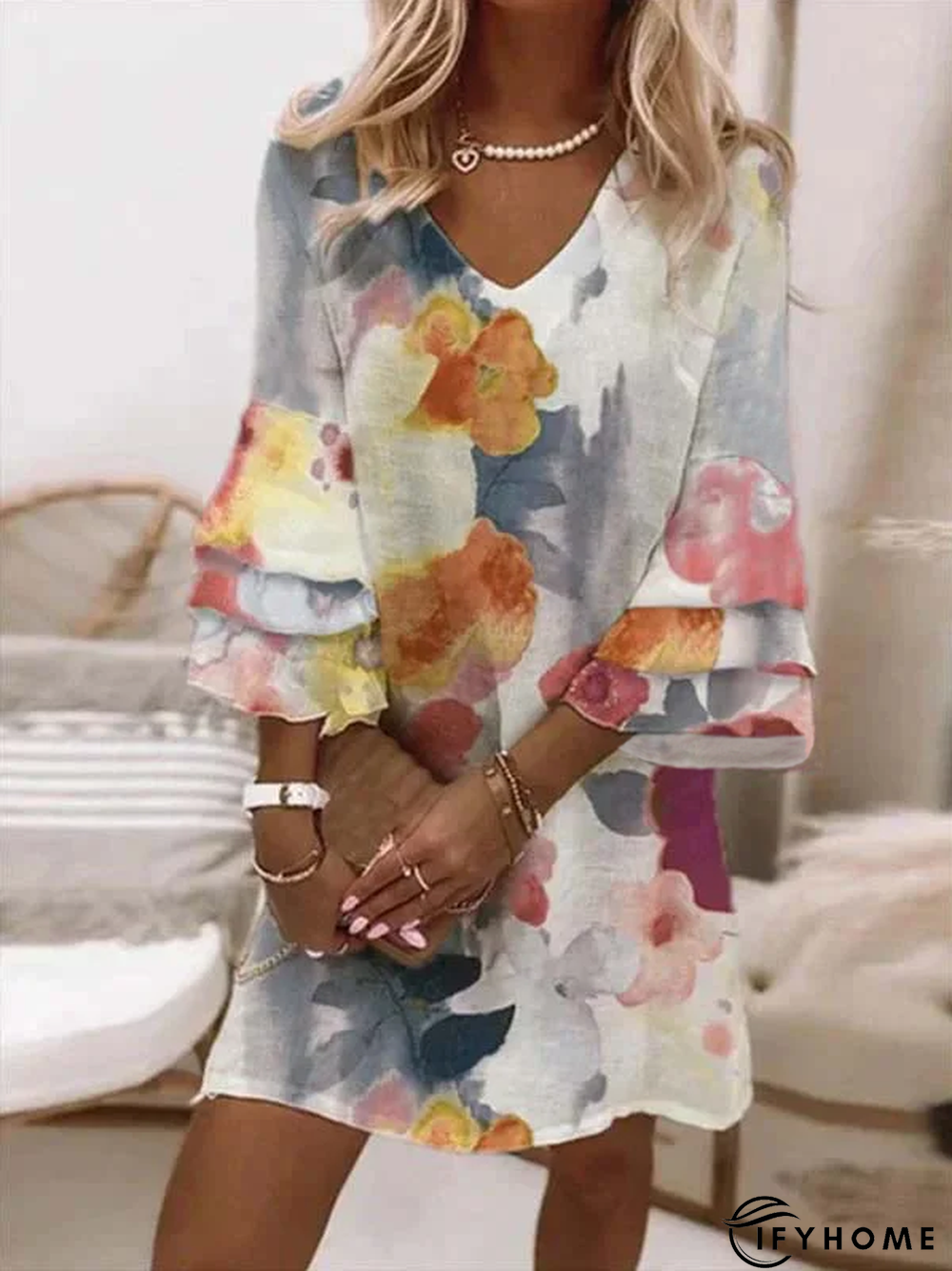 Casual V neck Floral Three Quarter Woven Tunic Dress | IFYHOME