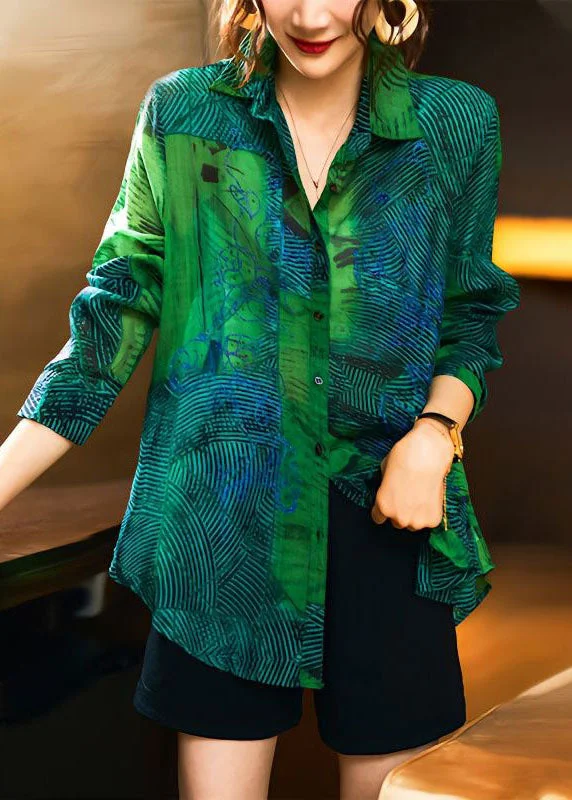 5.30Fashion Green Peter Pan Collar Print Patchwork Cotton Shirts Long Sleeve