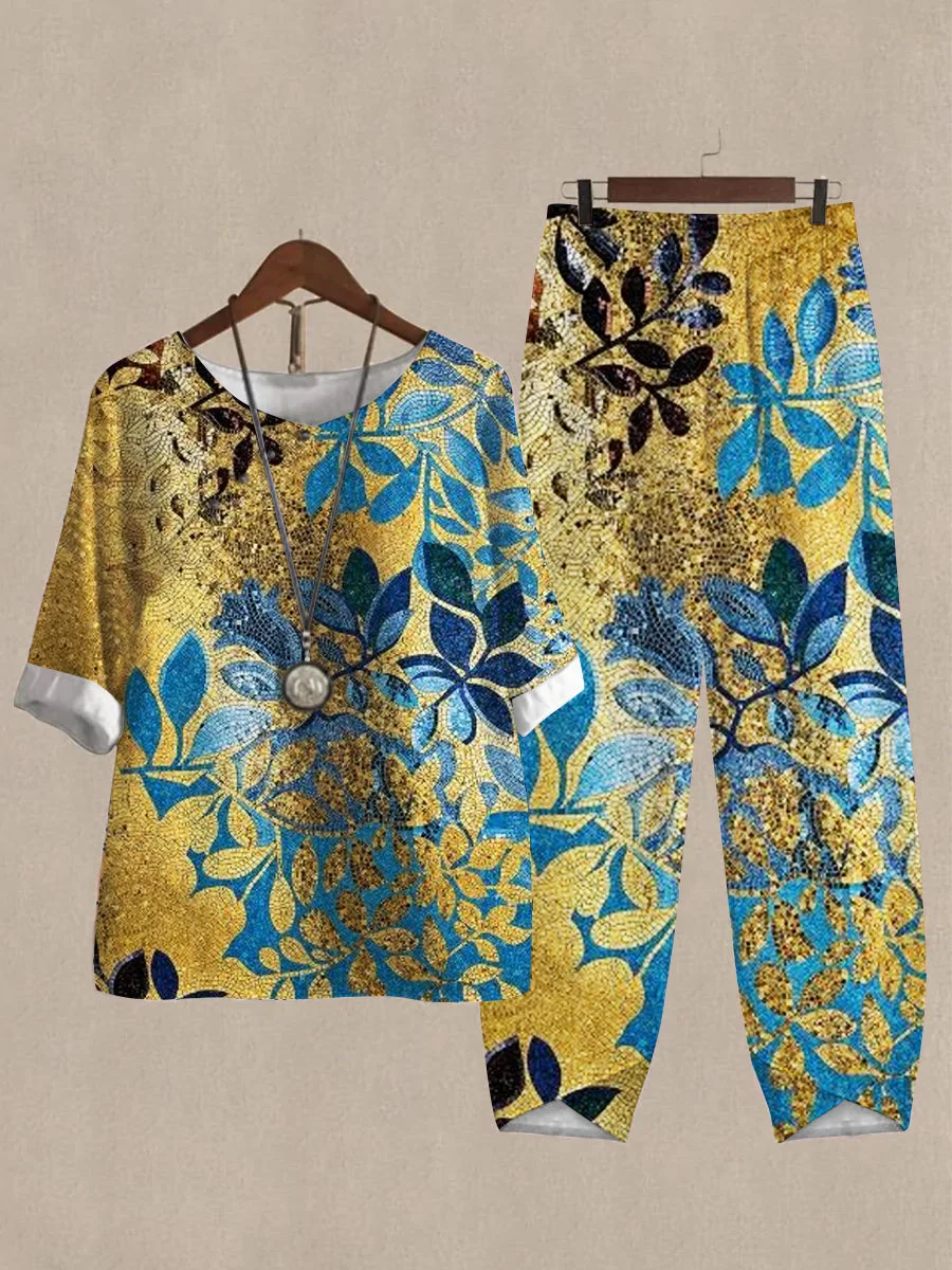 Women's Pant Print Half Sleeve Top And Casual Pants Linen Two Pieces