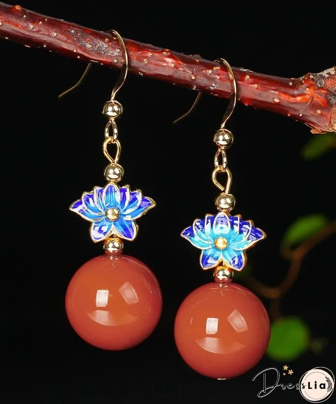 Women Red 14K Gold AgateCloisonne Drop Earrings