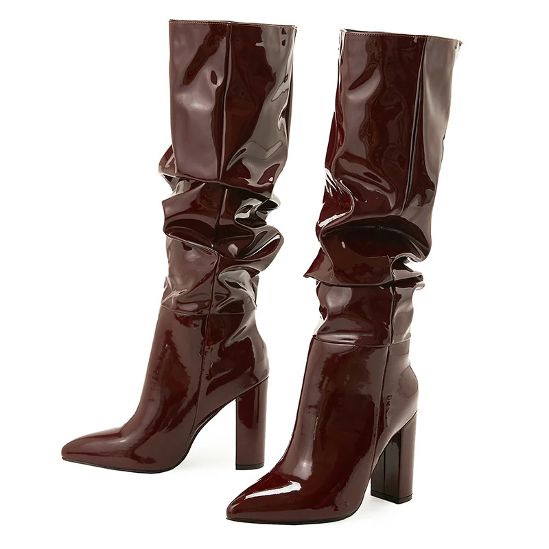 Yyvonne Large-Size Show Patent Skin Naturally Wrinkled Sharp Head Thick And Female High Heels Boots