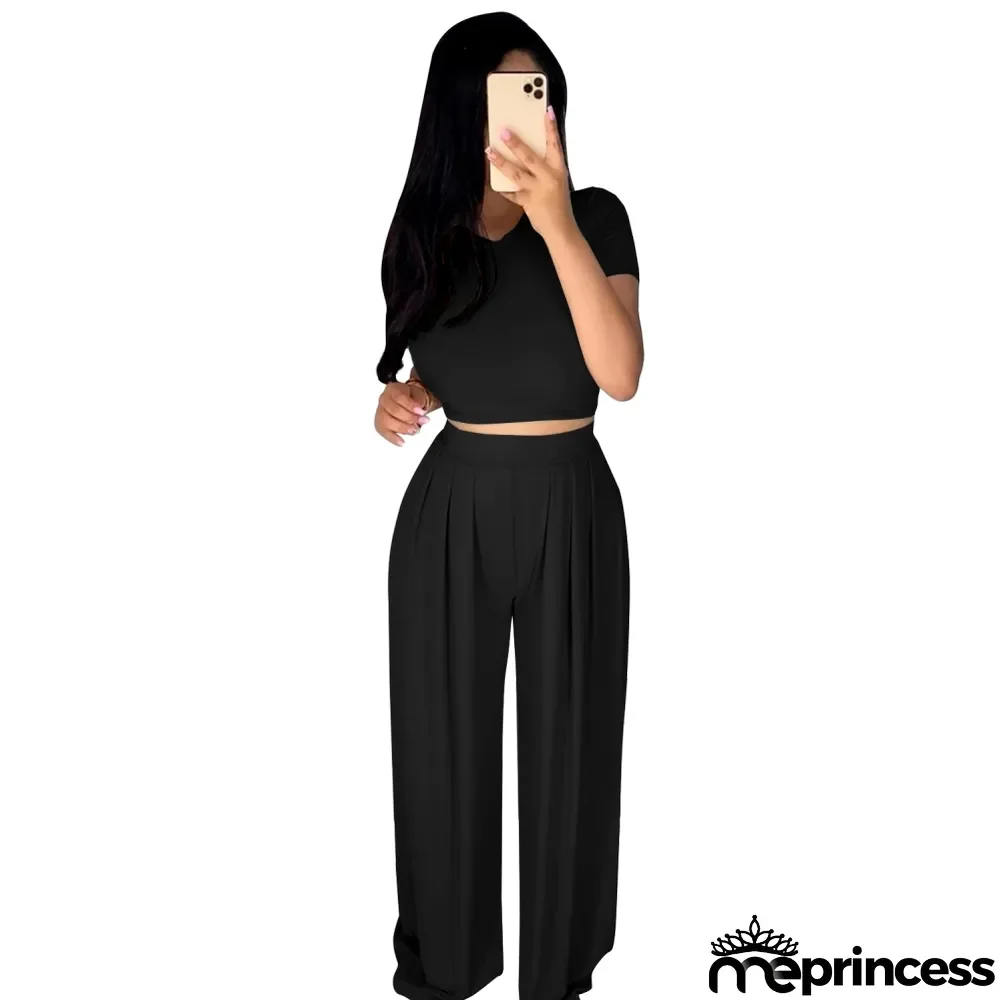 Summer Sexy Plain Crop Top and Pleated Loose Pants Set