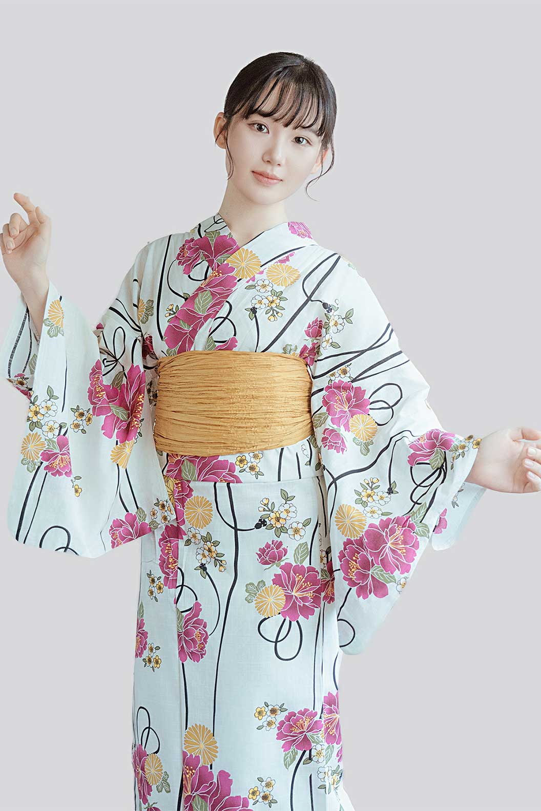 Yukata Kimono Cotton Linen with Obi Butterfly Knot White Base Floral - てんじんまつり Stupa Stones