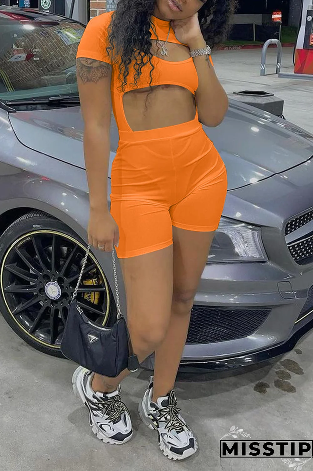 Khaki Sexy Solid Hollowed Out Half A Turtleneck Short Sleeve Two Pieces