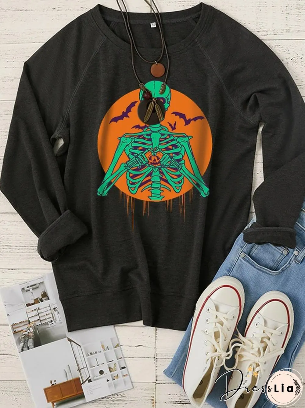 Halloween Skull Print Pullover Sweatshirt