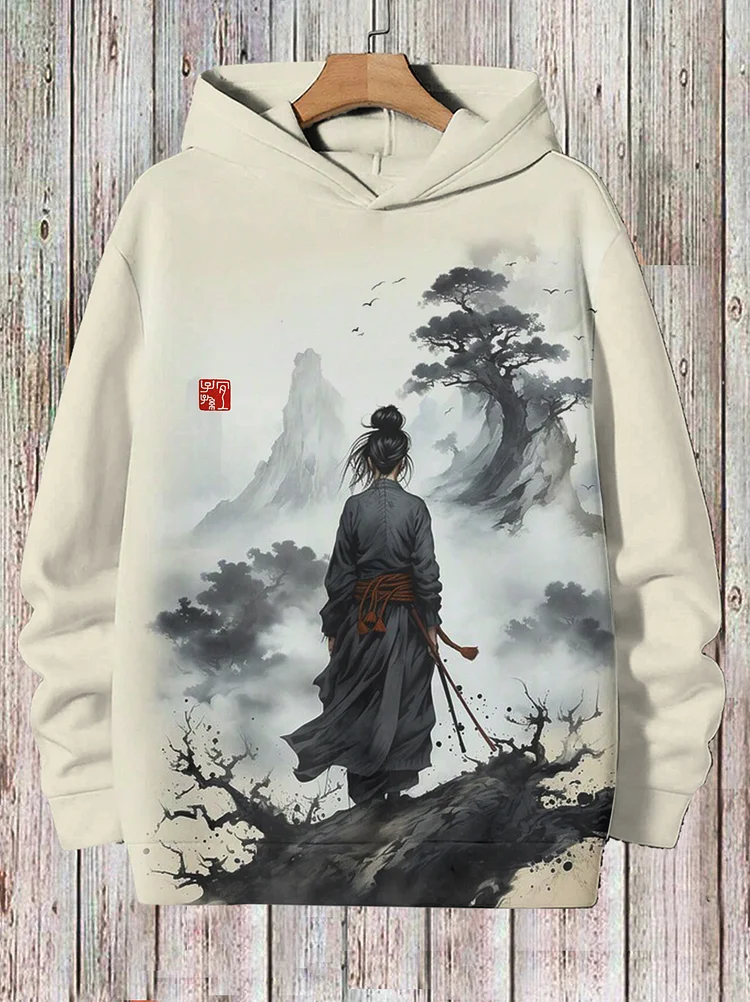 Men's Oriental Samurai Girl Ink Landscape Painting Print Hoodie