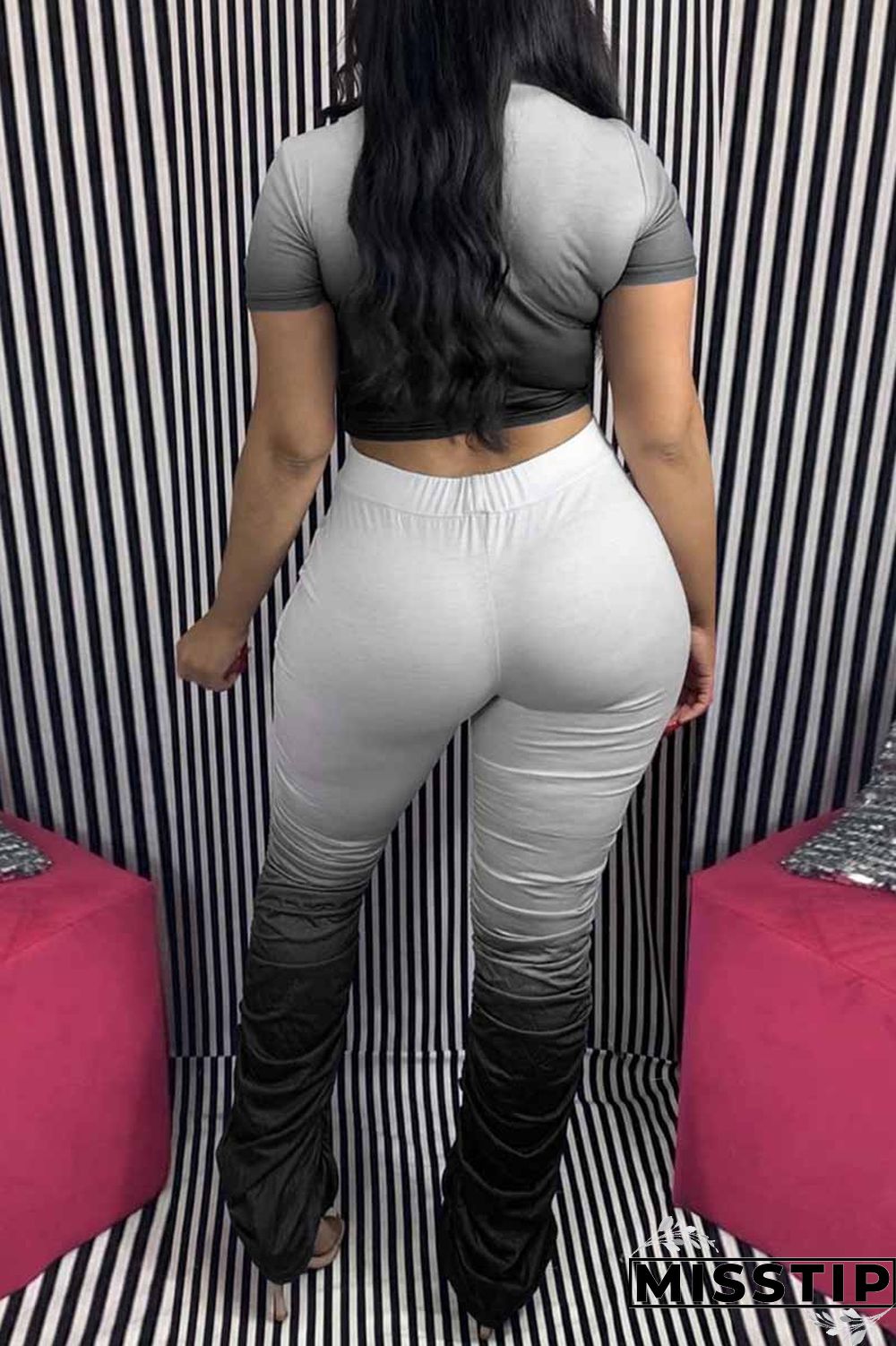 Purple Fashion Casual Gradual Change Letter Print Fold O Neck Short Sleeve Two Pieces