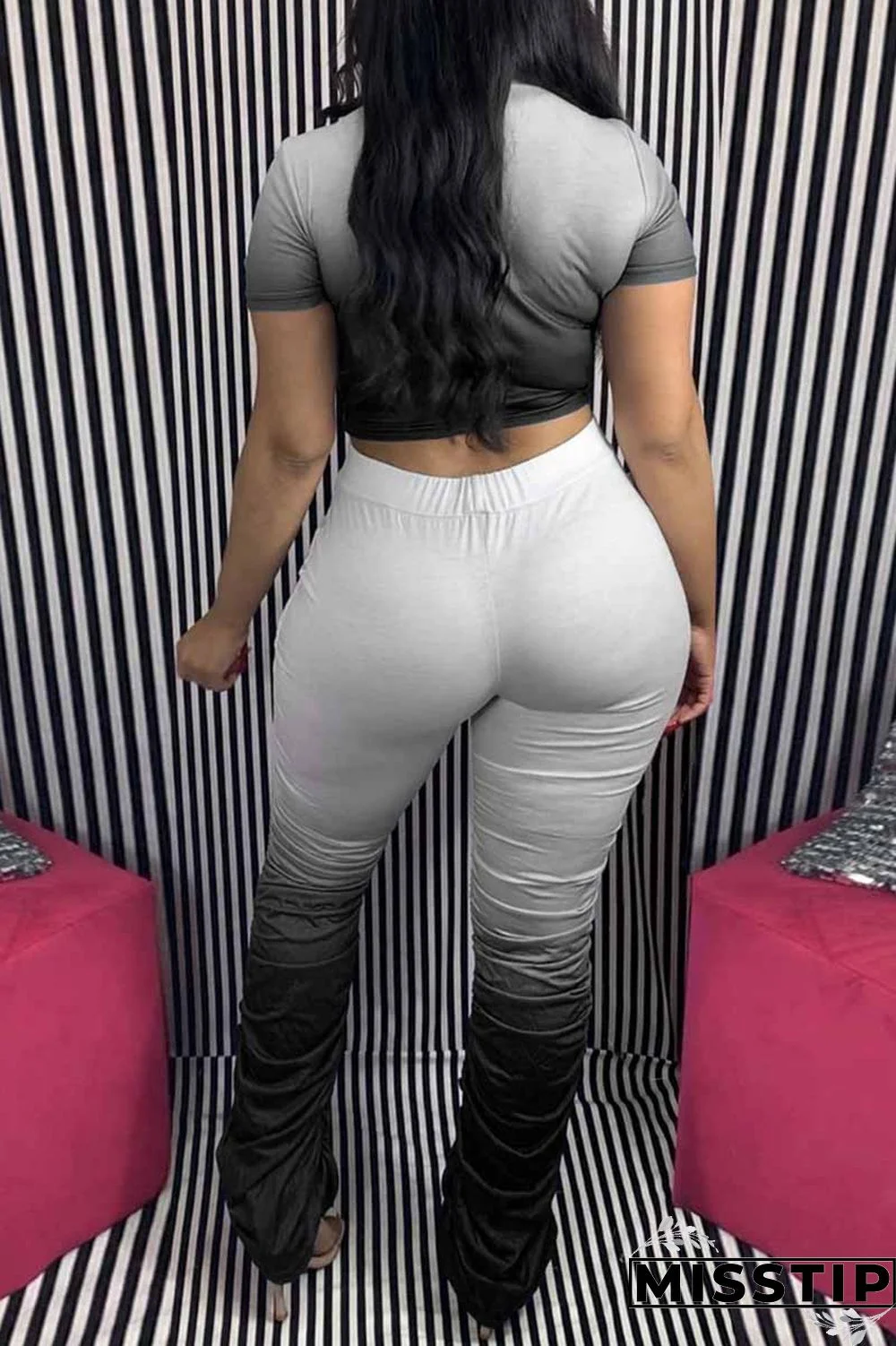 Purple Fashion Casual Gradual Change Letter Print Fold O Neck Short Sleeve Two Pieces