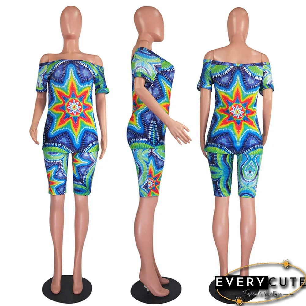 Green Tie Dye Off Shoulder 2pcs Shorts Set